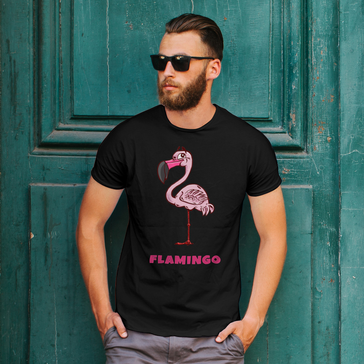 Flaming Flamingo - Męska Koszulka Czarna