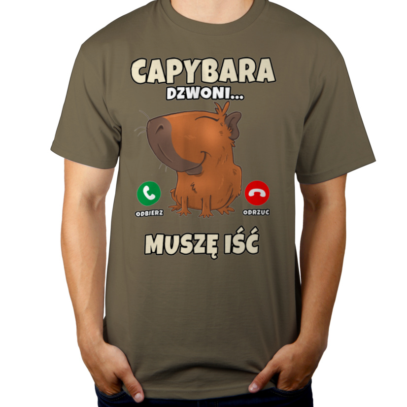 Kapibara Dzwoni Muszę Iść Capybara - Męska Koszulka Khaki