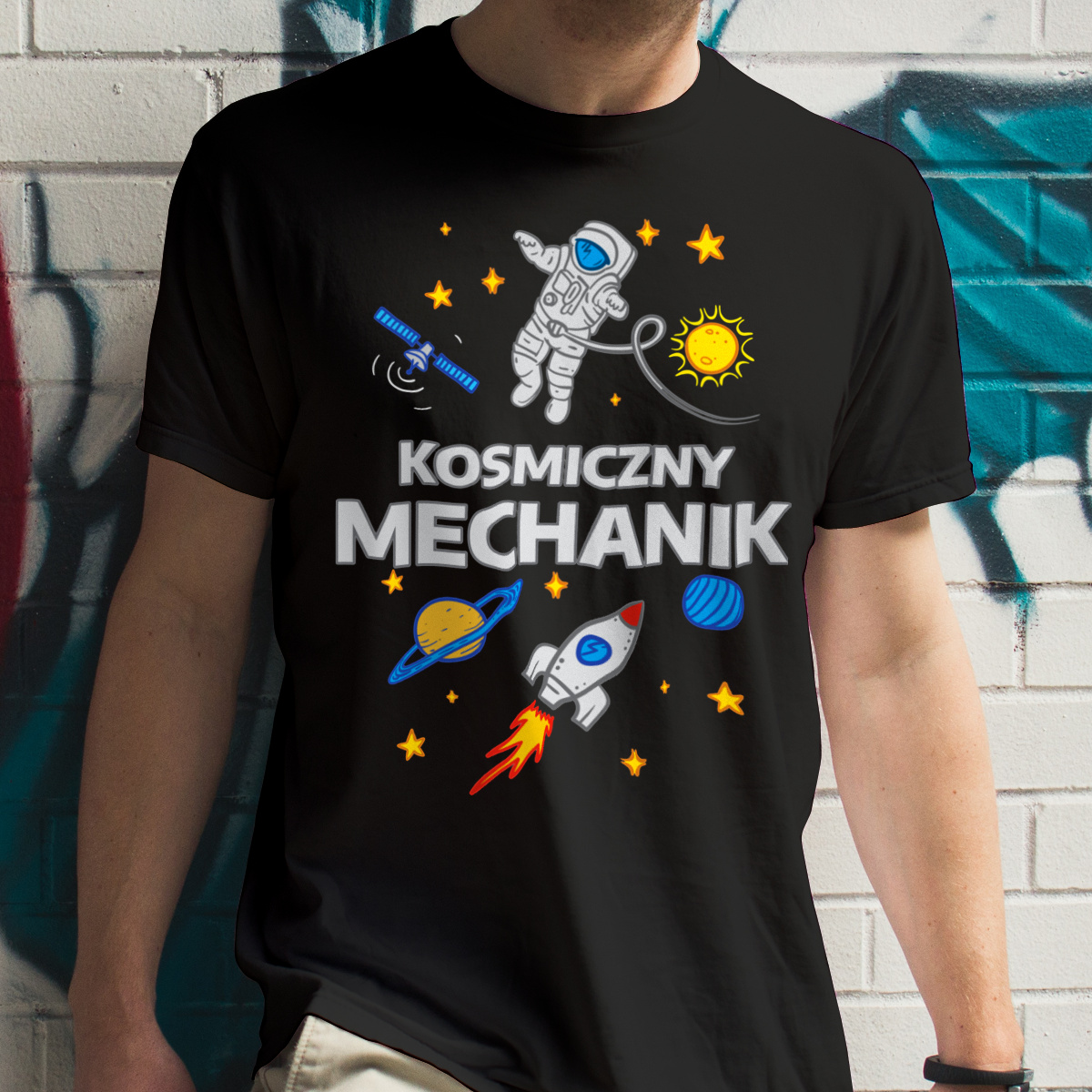 Kosmiczny Mechanik - Męska Koszulka Czarna