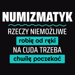 Numizmatyk - Rzeczy Niemożliwe Robię Od Ręki - Na Cuda Trzeba Chwilę Poczekać - Męska Koszulka Czarna